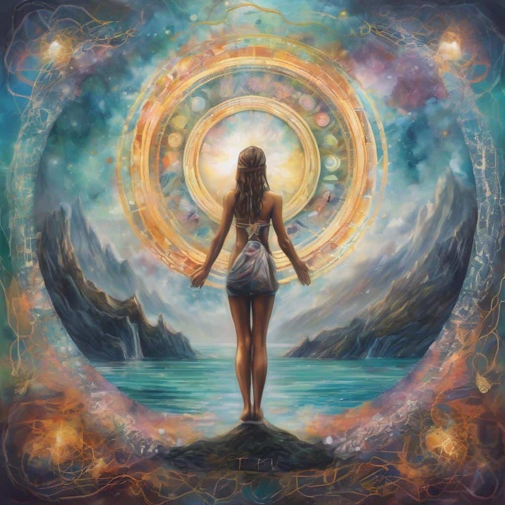 Αυθεντικό alt κείμενο: Γυναίκα μπροστά από ένας κύκλο φωτός με γαλάζιο ουρανό και βουνά, συμβολίζοντας την καθημερινή πρόοδο και αυτοβελτίωση.