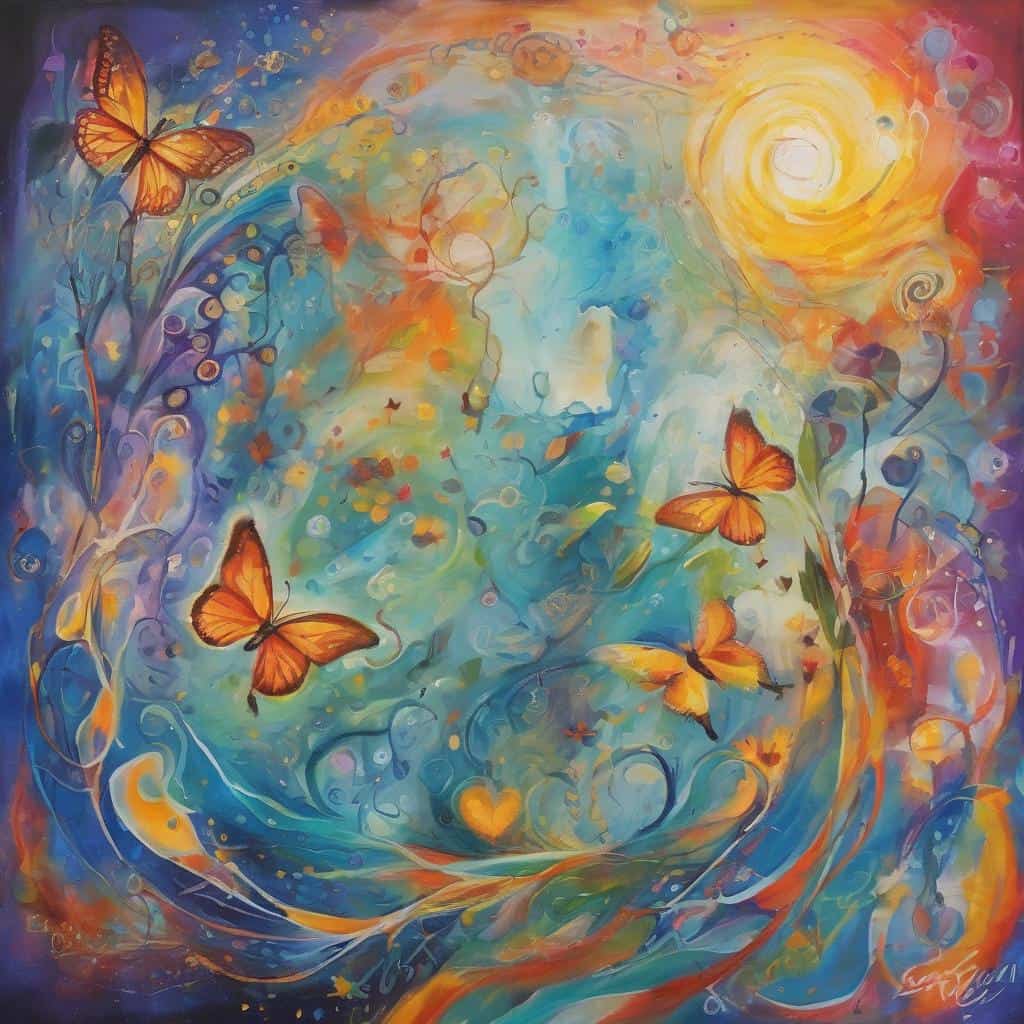Ζωγραφικό έργο με πεταλούδες και πολύχρωμες αποχρώσεις, εμπνέει για προσωπική εξέλιξη και πρόοδο.